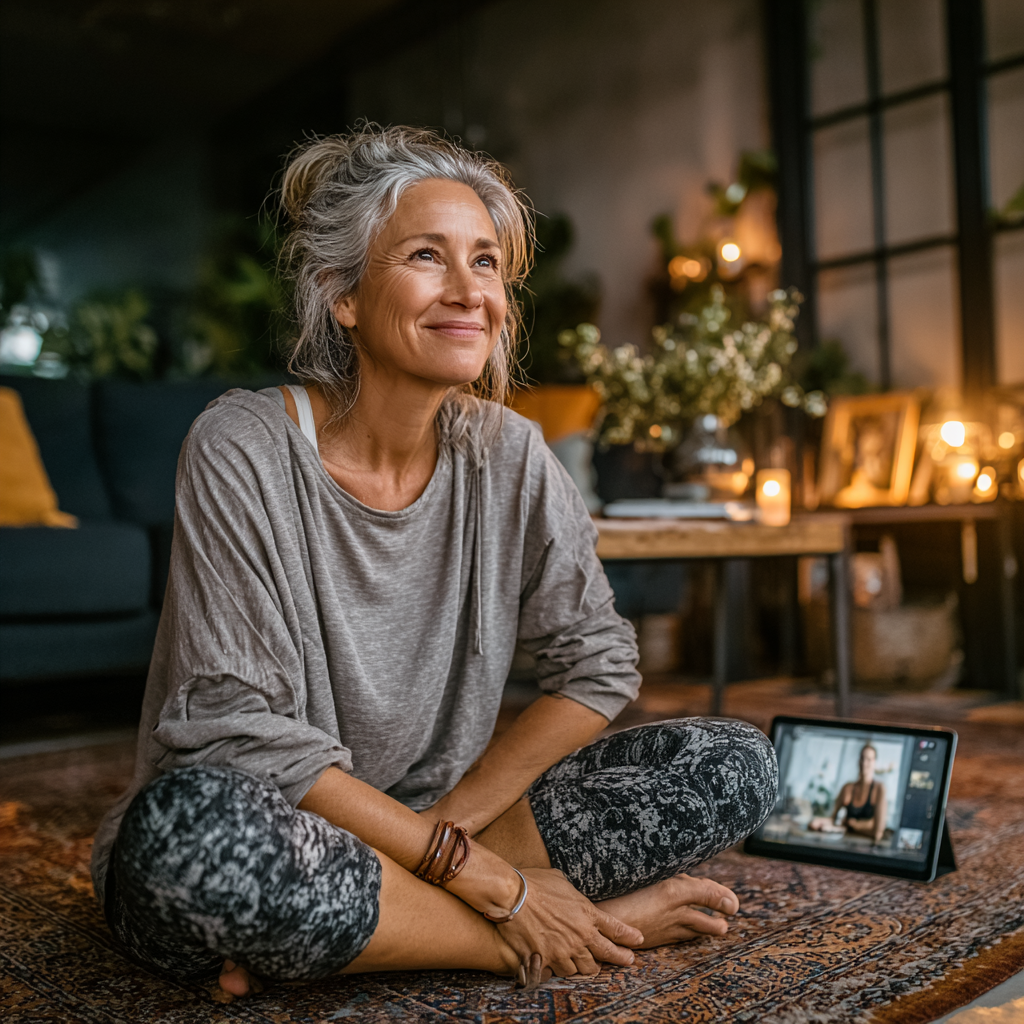 Mujer de 55 años practicando yoga en posición de loto, irradiando paz y serenidad en un ambiente luminoso