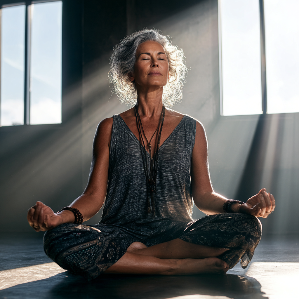 Mujer de 55 años siguiendo una clase de yoga online en su sala, con tablet mostrando instructora, ambiente relajado y luminoso