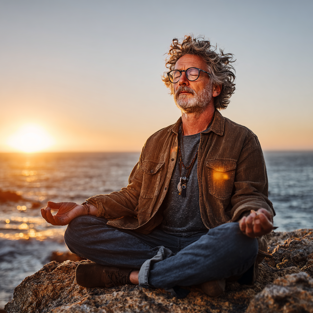 Hombre de 60 años meditando en posición de loto junto al océano durante el amanecer, irradiando paz y conexión con la naturaleza