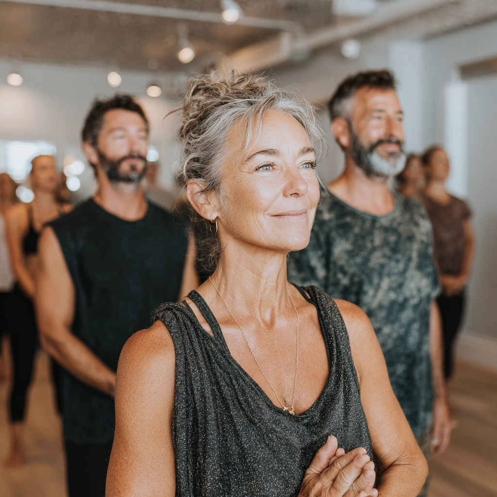 Grupo de personas mayores de 50 años practicando yoga en un estudio luminoso, con instructor guiando suavemente los movimientos